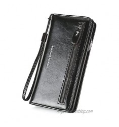 Women Leather Billfold Long Clutch Wallet with Phone Pocket Zipper Money Clip Wristlet
