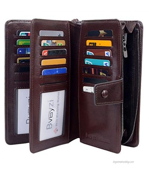 Womens Large Capacity RFID Blocking Leather Wristlet Clutch Wallets Card Holder