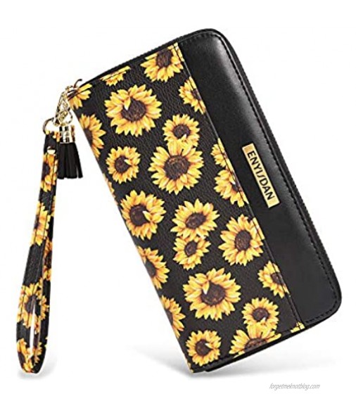 Wristlet Wallets for Women Sunflower RFID Blocking Leather Zip Cute Long Purse Clutch