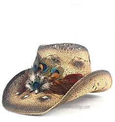 2019 Women's Fashion Lafite Straw Hollow Western Cowboy Hat Summer Handmade Peacock Feather Sombrero Elegant Female Jazz Sun Hat Classic Cowboy hat (Color : Coffee  Size : 56-58)