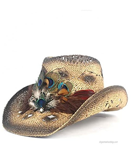 2019 Women's Fashion Lafite Straw Hollow Western Cowboy Hat Summer Handmade Peacock Feather Sombrero Elegant Female Jazz Sun Hat Classic Cowboy hat (Color : Coffee Size : 56-58)