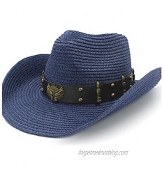 L.W.SUSL Summer Sun Hat Raffia Hat Ladies Cowboy Hat Men's Pistol Cowboy Cow Head Alloy Ornamental Round Rivet Bullets (Color : Blue  Size : 58cm)