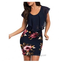Women's Vintage Floral Bodycon Dress Ruffles Scoop Neck Sexy Cocktail Formal Mini Dress