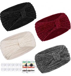 4 Pieces Winter Warm Headband with Sewing Kit and Buttons Bowknot Twisted Ear Cover Sports Head Wrap for Yoga Running Sports