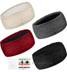 4 Pieces Winter Warm Headband with Sewing Kit and Buttons Cable Knit Fleece Lined Ear Cover Head Wrap for Yoga Running Sports