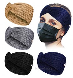 4 Pieces Winter Women Knit Ear Warmer Headbands with Button Knit Thick Warm Headband Cable Head Wrap Ear Muffs