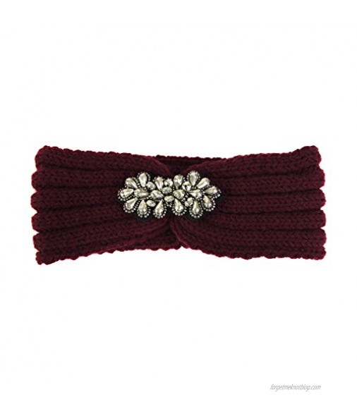 Knit Warm Winter Headband- Rhinestone Embellished Ear Warmer Snug Fit Headwrap (Burgundy)