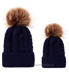Mother Child Winter Warm Knited Hat 2PCS Cable HairballCaps with Pom Pom