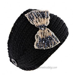 Silver Fever Women Chunky Knitted Headband Hair Band Head Wrap Earmuff (Black with Floral Bow)