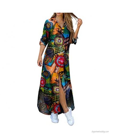 Franterd Casual Maxi Dress for Women Floral Button Down Roll up Long Sleeve Long Dress Loose Long Maxi Dresses