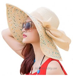 Itopfox Womens Foldable Floppy Big Bowknot Straw Sun Hat Wide Brim Summer Beach Vacation UV UPF 50