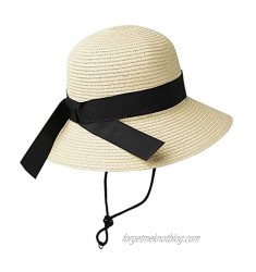 Straw Sun Hat for Women Bowknot Chin-Strap Summer Hat Wide Brim Sun Hats for Beach Floppy (Clrcumference 22)