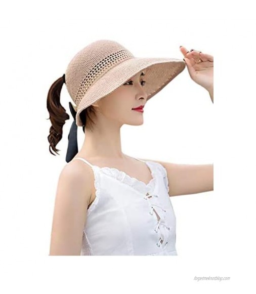 Womens Beach Sun Hats Ponytail Hat Wide Brim Straw Summer Sun Visor Hats UV UPF 50 Packable Foldable Travel