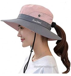 Womens Ponytail Sun Hats with UV Protection Wide Brim Mesh Ponytail Hole Bun Bucket Hat