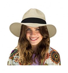 Womens Wide Brim Floppy Beach Sun Hats Foldable Straw Panama Hat Fedora UPF50 Straw Hat for Mens