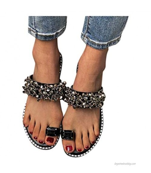 FakMe Women's Rhinestone Flat Sandals Women Flip Flops with Beadeed Rhinestone Crystal Jeweled Sandal Shoes