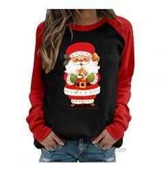 Franterd Christmas Shirts for Women Graphic Cute Xmas Santa T-Shirt O-Neck Long Sleeve Splicing Top Tees Casual Blouse