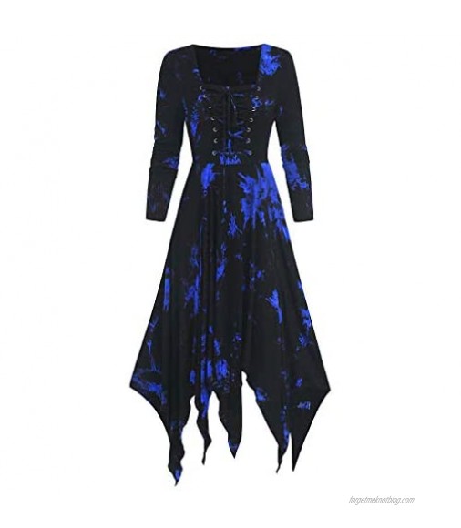LATINDAY Womens Plus Size Tie-Dye Print Vintage Dress Long Sleeve Casual T Shirts Gothic Swing Dress